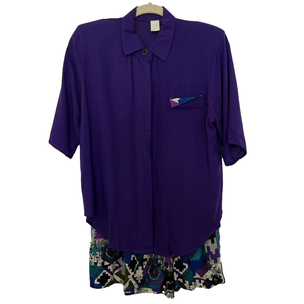 🌵 Vintage 1980's Palazzo Culottes Pants & Purple Button-Down Shirt Set - Small
